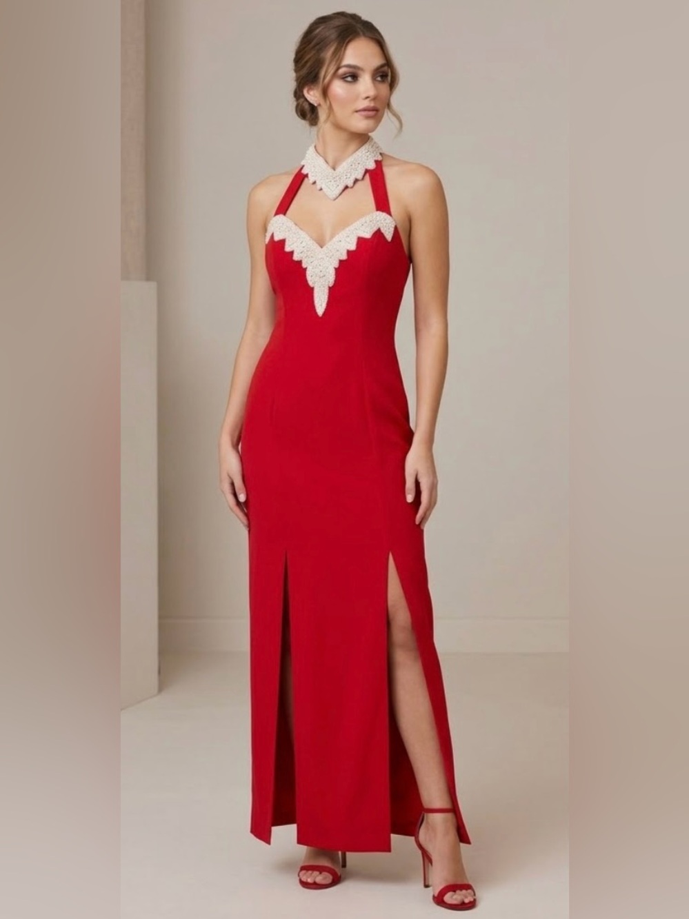 Vintage Women's 12 Red Halter Faux Pearl Embellished Long Slits 80s Gown Dress - Picture 9 of 9